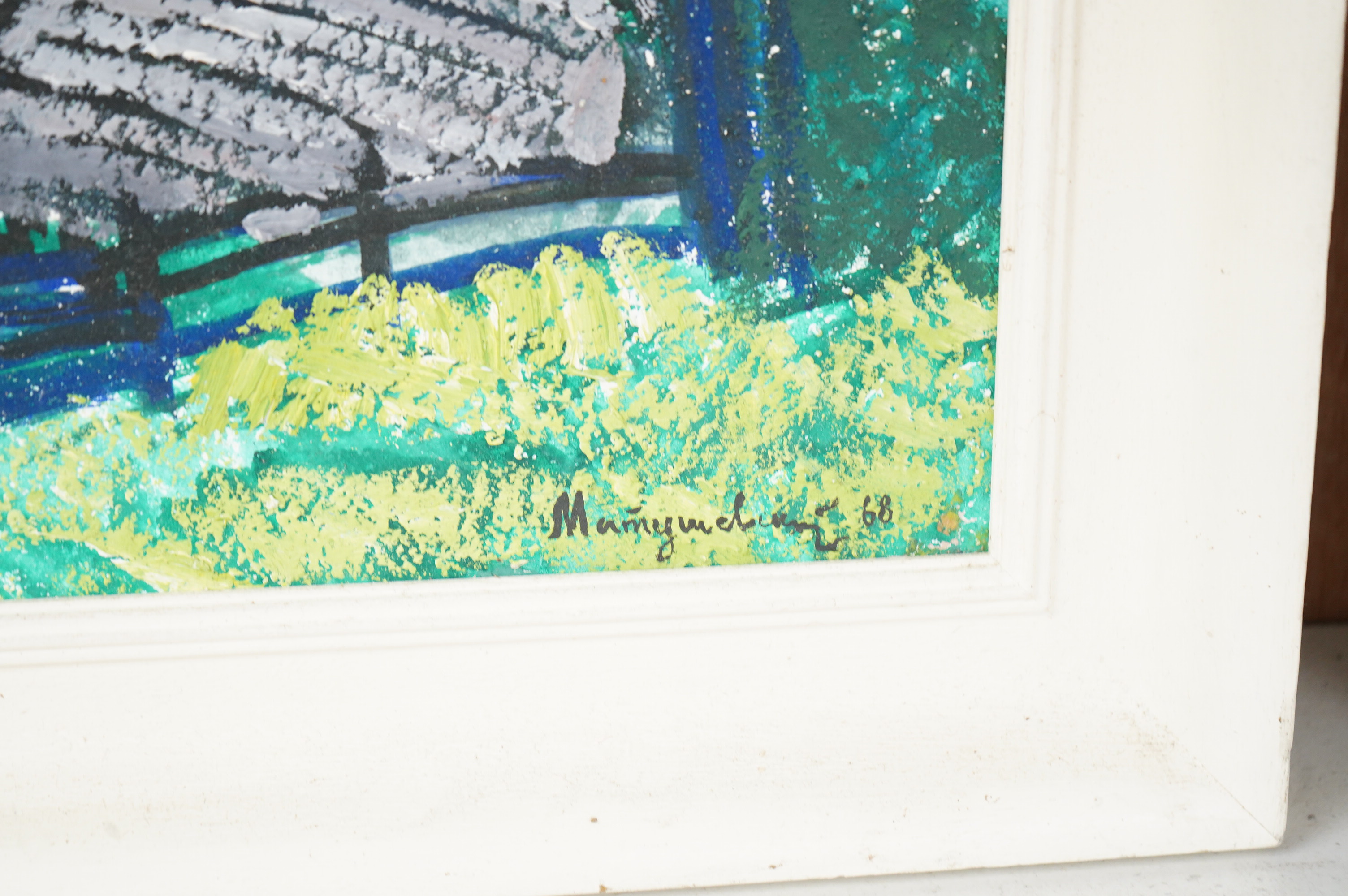 Yuri Matushevski (Russian, b.1930-1999), 'Dacha in the Woods, '68', signed and dated, oil on canvas board, 54 x 68cm